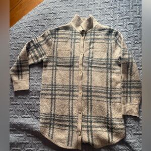 Jessica Simpson Long Wool Plaid Cardigan, tan and black. Large